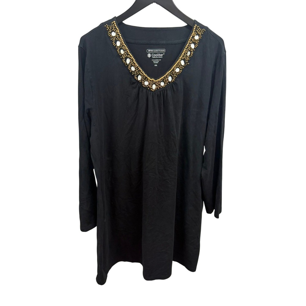 Coolibar Womens XXL Black Beaded V-Neck Long Sleeve Dress UPF 50+ Sun Protect